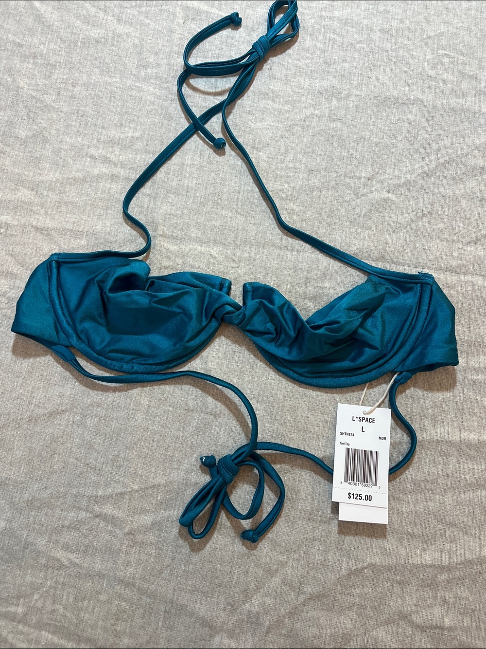 l*space Teal Twist Toni Halter Bikini Top in Mediterranean Blue. Size L. NWT